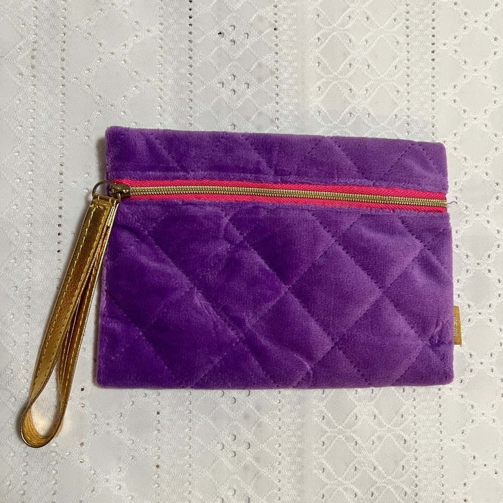 Purple and gold fuzzy Ipsy clutch cosmetic bag